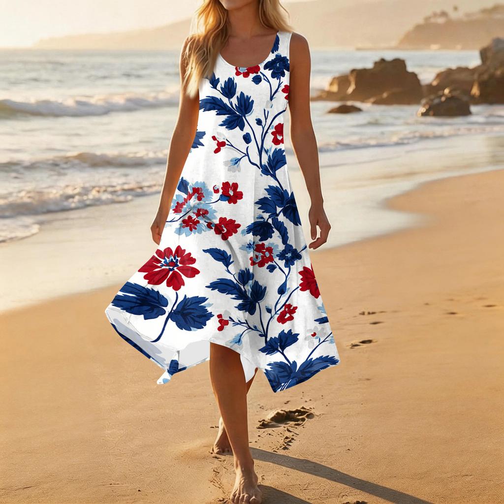 Women's Casual Fashion Round Neck Sleeveless Floral Print Midi Dress with Irregular Hem