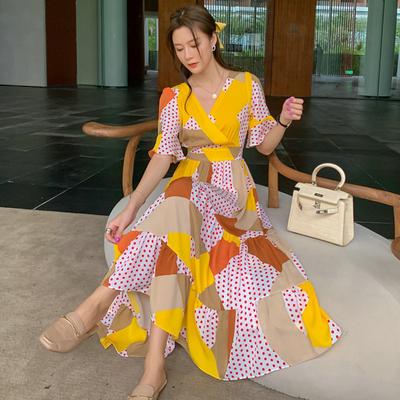 Vestido largo holgado con estampado Floral, elegante, de gasa, con mangas abullonadas, de verano para mujer