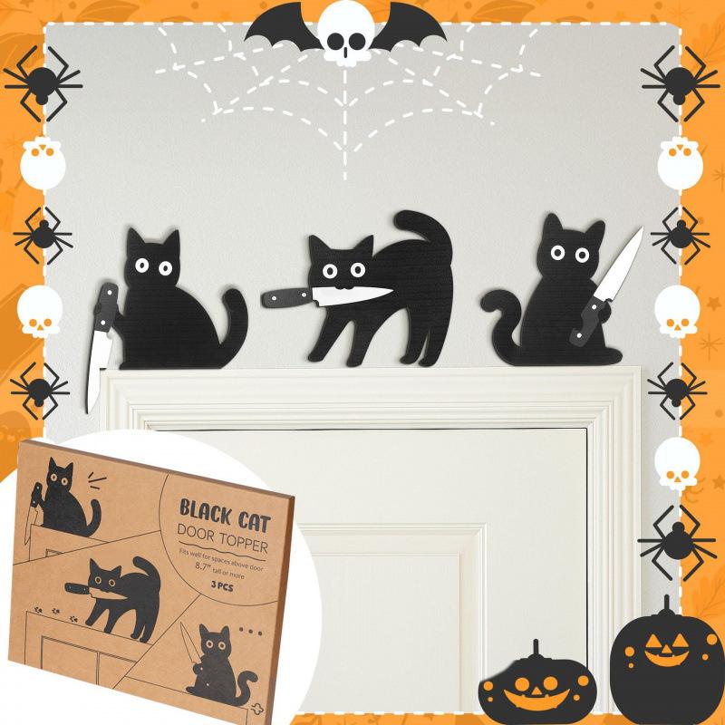 Beliebtes Schwarze Katze Halloween Wanddekoration 3-teiliges Set Mit Messer Holzhandwerk Anhänger für Kätzchen