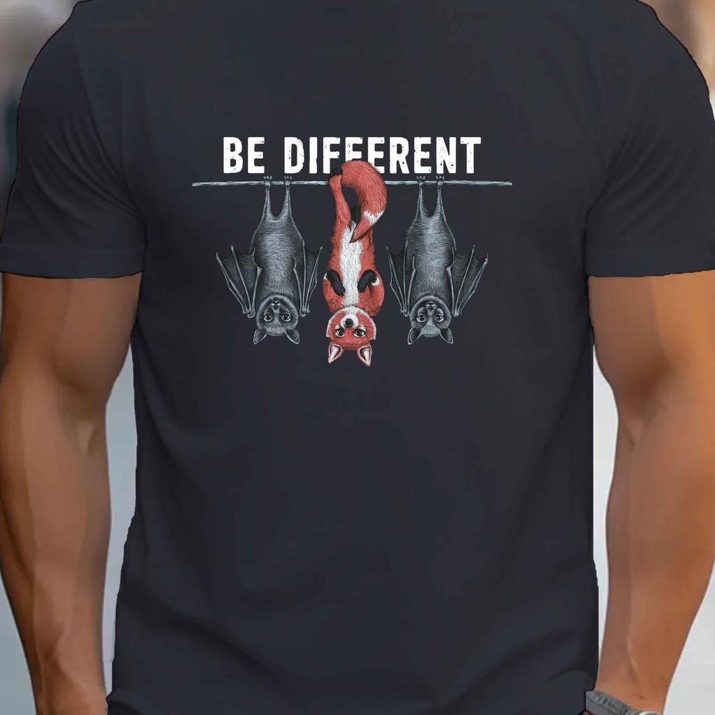 Men's "Be Different" Fox & Bats Graphic Tee - Casual Royalr T-Shirt Short Sleeve Round Neck Comfortable and Soft Breathable Tee