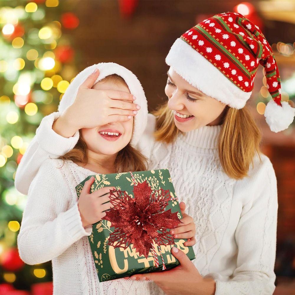 12PCS DIY Decoration Christmas Artificial Flowers 15CM Glitter Fake Flower Christmas Decor