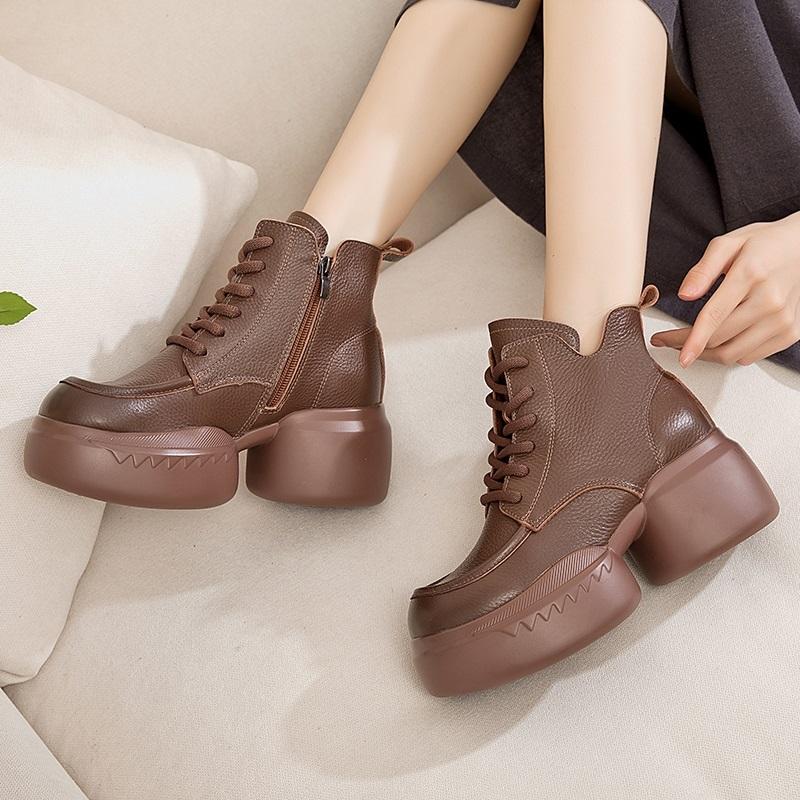 GKTINOO Genuine Leather Women Short Boots 2025 New Autumn Winter Round Toe Handmade Retro Thick Soled Platform Shoes