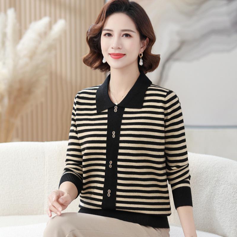 Elegant Women's Striped Knit Sweater with Turn-Down Collar - Versatile Fall Fashion for Moms