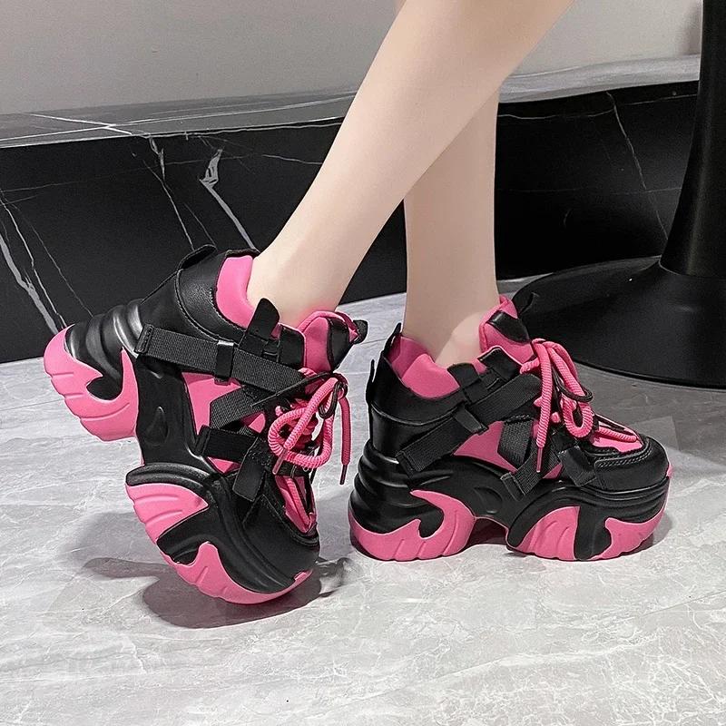 Fashion 10.5CM Women Casual Leather Sneaker Autumn Lace Up High Platform Shoes Thick Sole Sport Dad Shoes Woman Sneakers Chaussure Femme