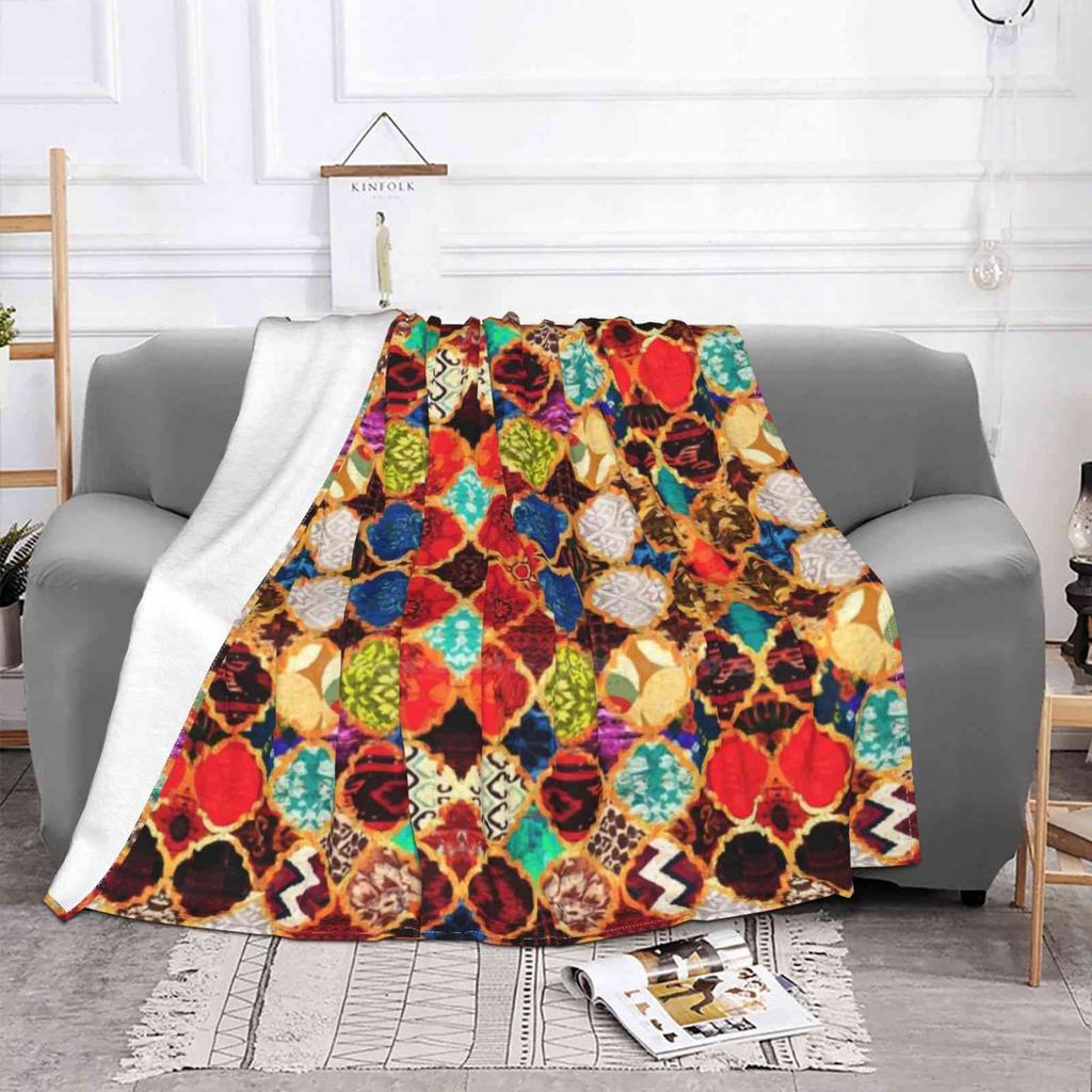 Heritage Traditional Geometric Moroccan Tiles Style Artwork. Latest Super Soft Warm Light Thin Blanket Moroccan Africa Boho