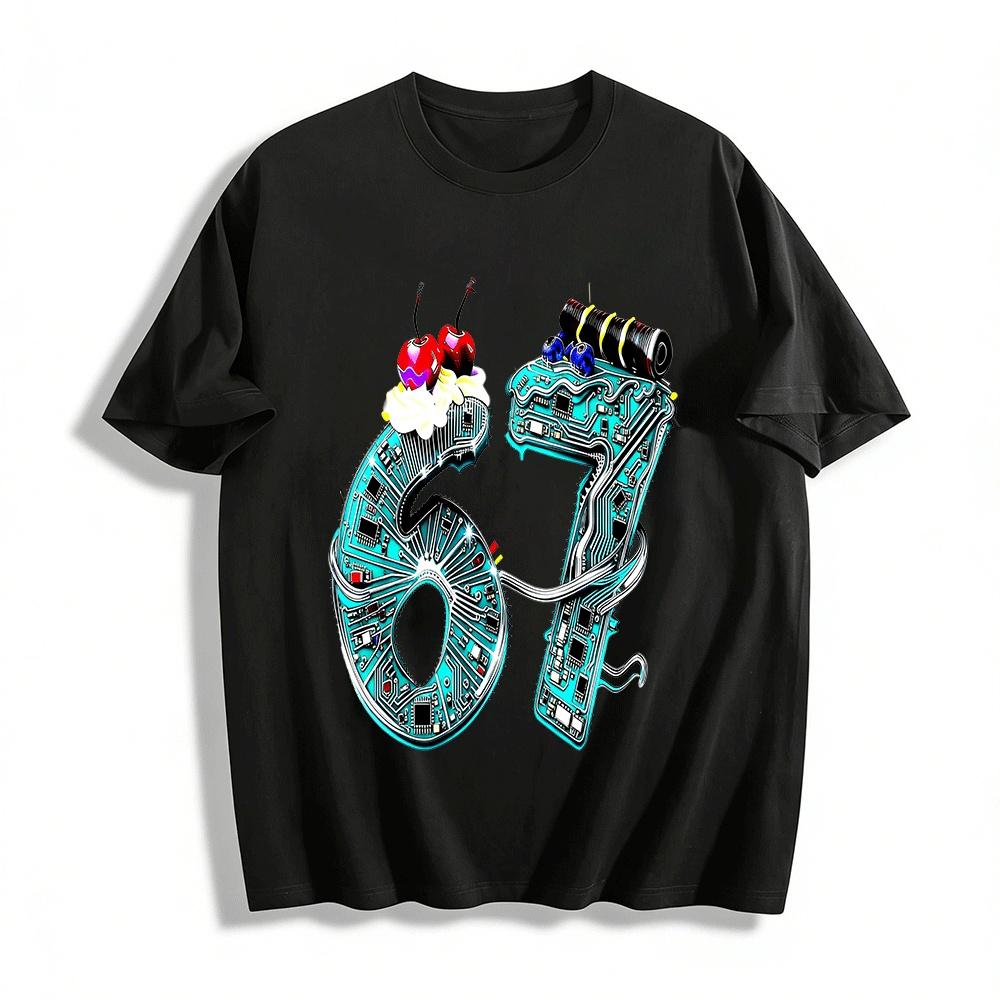 Cyberpunk Style Number 67 Circuit Print Trendy Short Sleeve T-Shirt Pure cotton T-shirt XXS