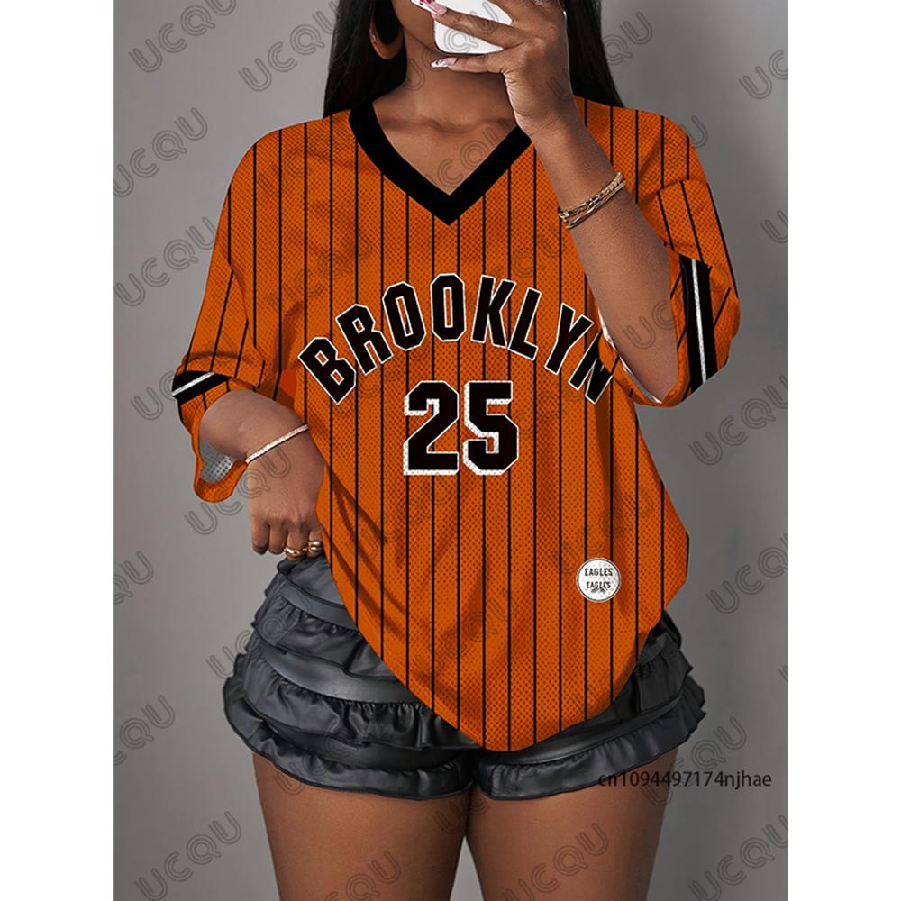 Oversized T Shirt For Women V-Neck Short Sleeve Summer Stripe Brooklyn No.25 Print Sports Tops Casual Football Jersey Y2k Tees