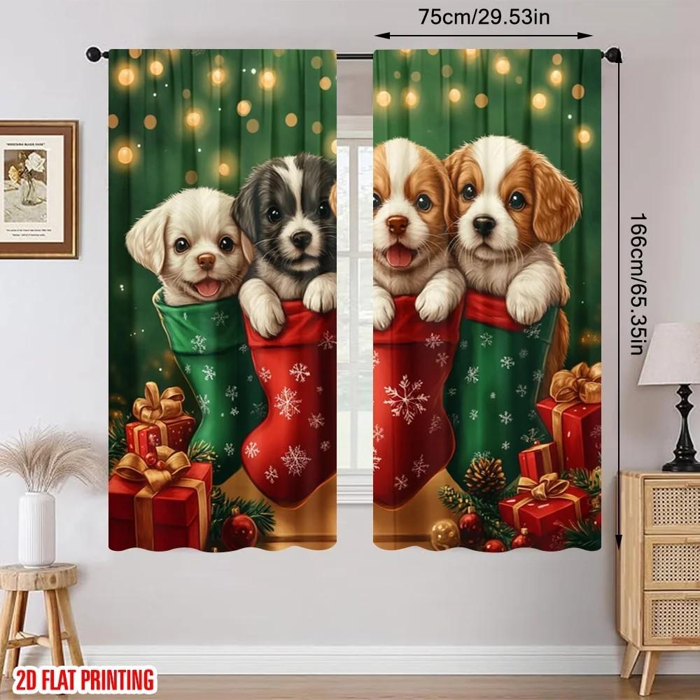 Set Of 2 Cute Puppy Floral Curtain Polyester Christmas Window Decor Home With Rod Pocket Blackout