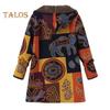 Women Winter Coat Retro Floral Print Zip Up Hooded Jacket Mid Length Plush Thick Warm Pockets Long Sleeves Daily Leisure Wear