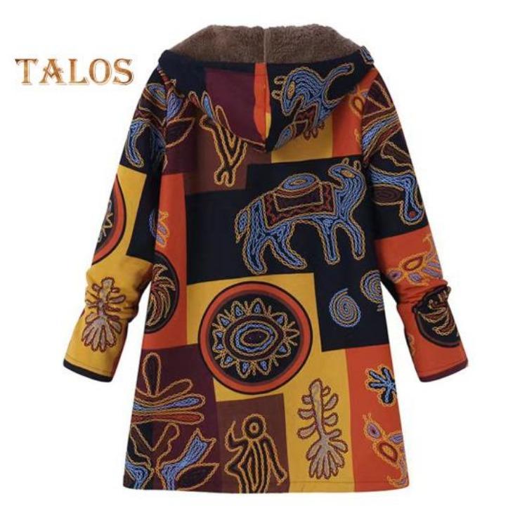 Women Winter Coat Retro Floral Print Zip Up Hooded Jacket Mid Length Plush Thick Warm Pockets Long Sleeves Daily Leisure Wear