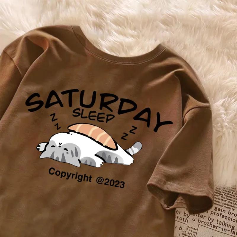 

Summer Japanese Cartoon Fashion Retro Trend Fun Cute Sleeping Cat Print Fashion Couple Loose Casual Tshirt Top S