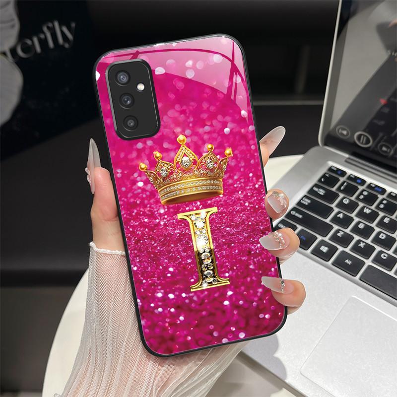 For Samsung M52 5G Case Galaxy M14 SM-M526B SM-M146B Phone Case ShockProof Fashion Initial Letter Hard Tempered Glass Back Cover