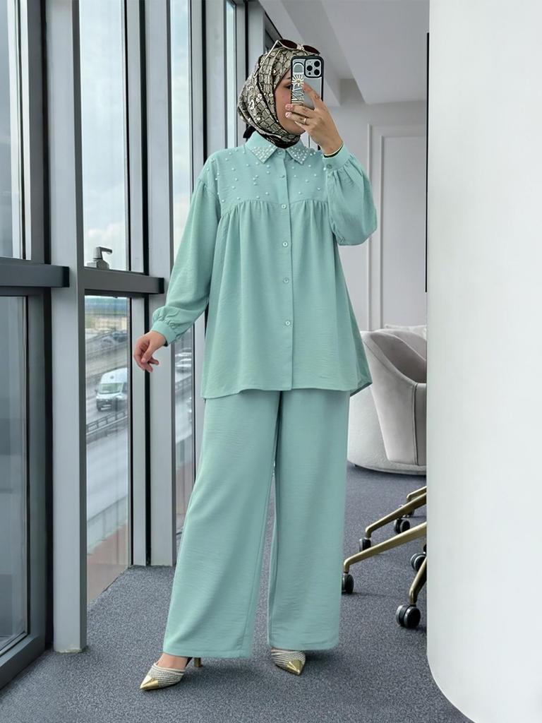 New Arrival: Beaded Long Sleeve Top & Wide Leg Pants Set - Muslim Women's Fashionable Casual Wear