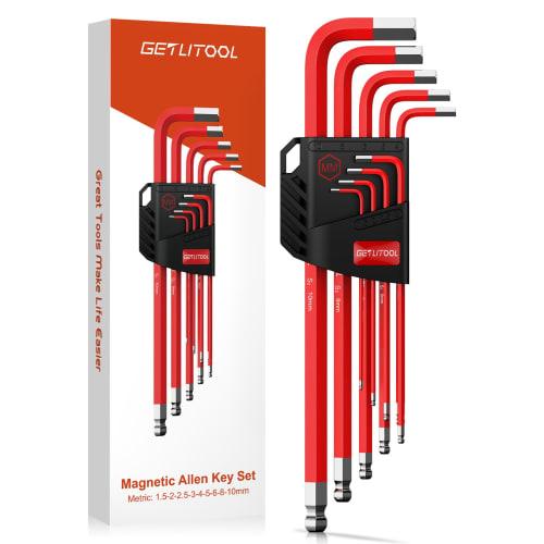 GETLITOOL 9-Piece Hex Wrench Set with Magnetic Long Head, S2 Steel, Metric (1.5mm-10mm) Long, Magnetic Hex Wrench Set