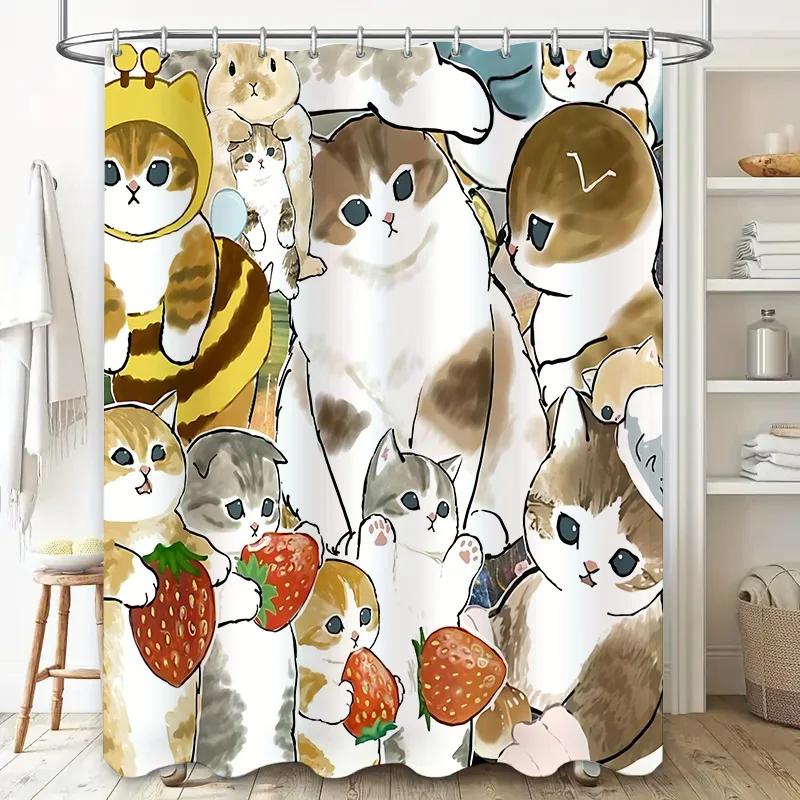 

Cute Cat Shower Curtain For Bathroom Decor - Creative And Funny Pet Illustration Design Waterproof Durable Non Transparent W60H190(CM)-1 Pcs