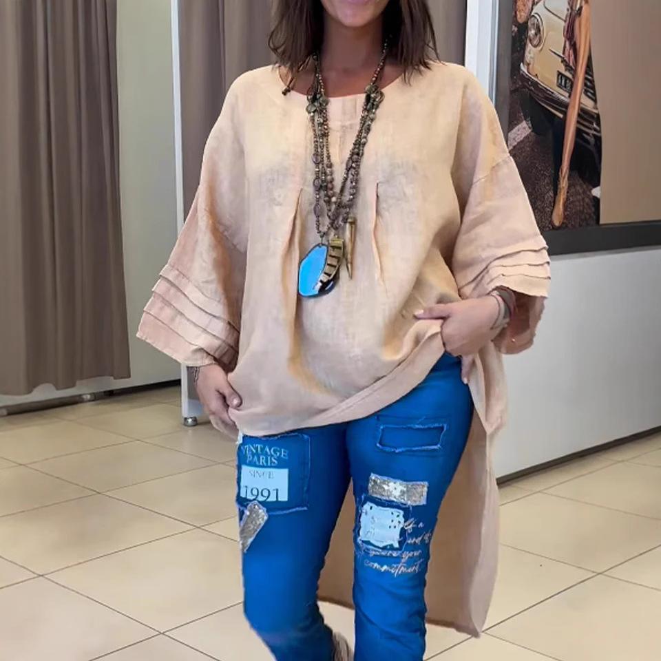 Women's Casual and Fashionable Solid-color Round-neck Pullover Shirt