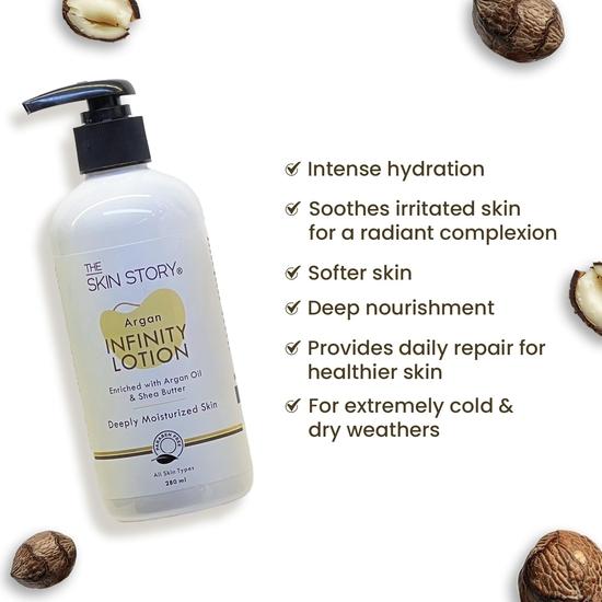 The Skin Story Arganowy Balsam do Ciała Infinity dla Skóry Suchej, Długotrwałe Nawilżenie, i Przeciwdziałający Starzeniu z Olejem Arganowym, Masłem Shea i 280ml