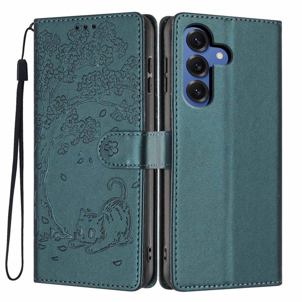 For Samsung Galaxy A37 5G Stand Case Tree-and-Cat Pattern PU Leather Wallet Protective Phone Cover with Wrist Strap