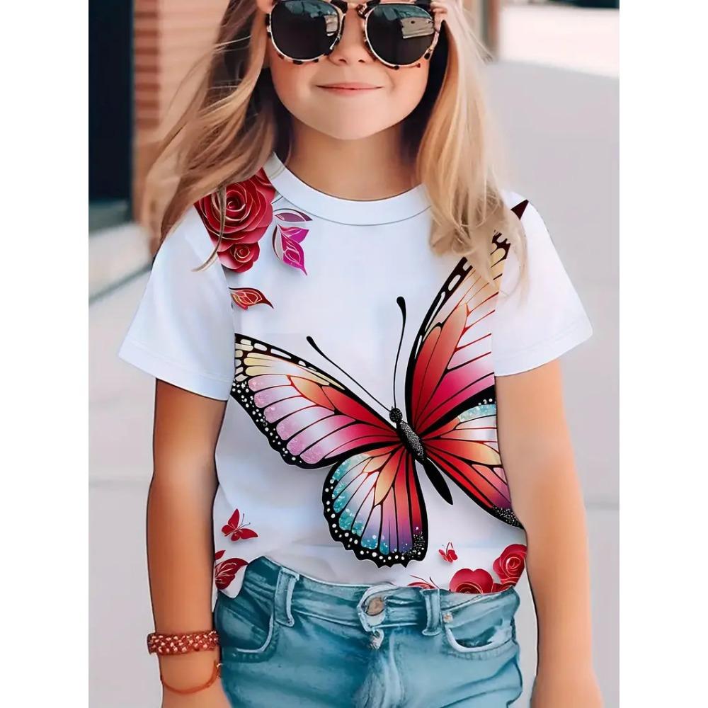 

Summer Round Neck 3D Butterfly Pattern Printed Top Fashionable Casual Short Sleeved Children s Girl T-shirts 170