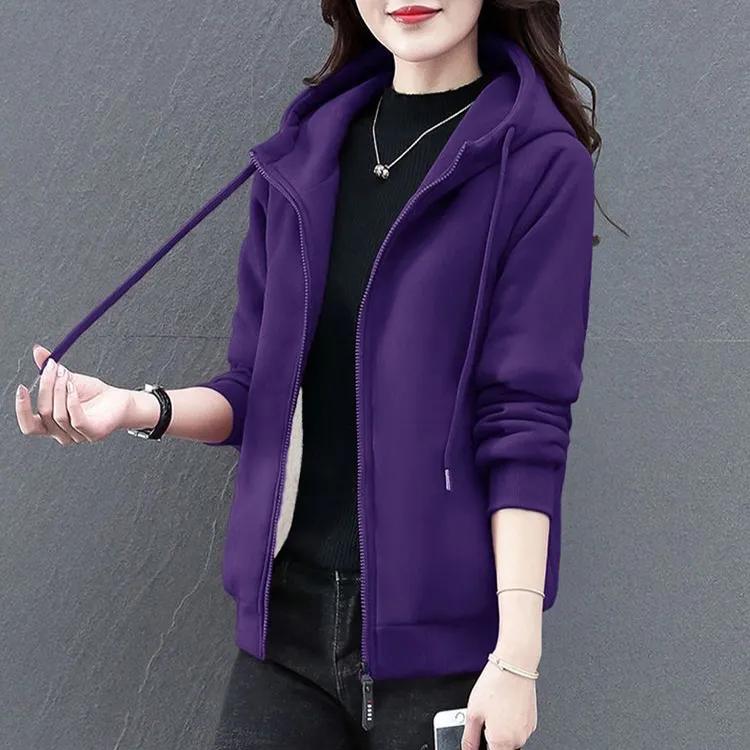 Женские осенние повседневные худи-пальто больших размеров однотонные приталенные куртки на флисовой подкладке L фиолетовый 1628₽