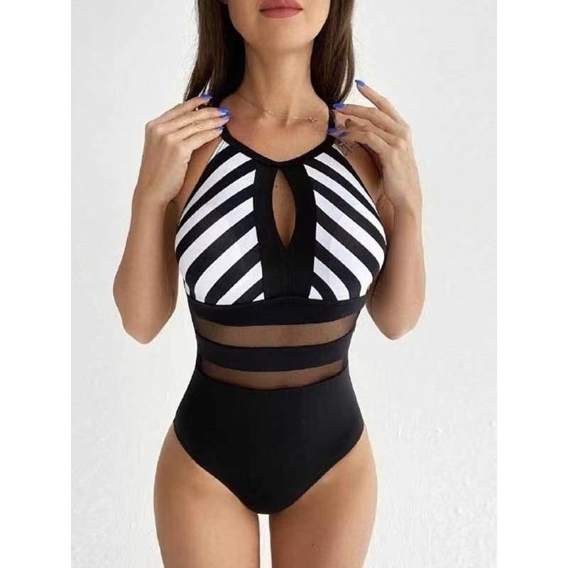 

Nylon fabric new striped printing sexy backless mesh splicing one-piece women s swimsuit S чёрный
