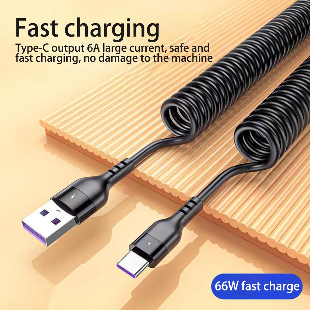 5pcs 66W 6A Fast Charging Type C Cable Spring Telescopic Car Phone Charger USB Cable For Samsung S24 Xiaomi Huawei USB C Cable
