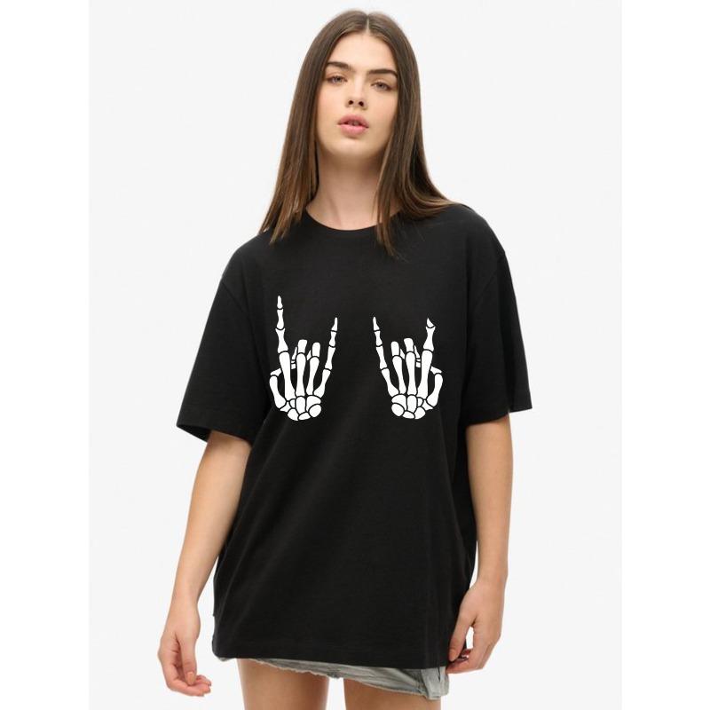 Black Oversize Women's Short-Sleeve T-Shirt with Black and White Skeleton Rock Hand Gesture Print