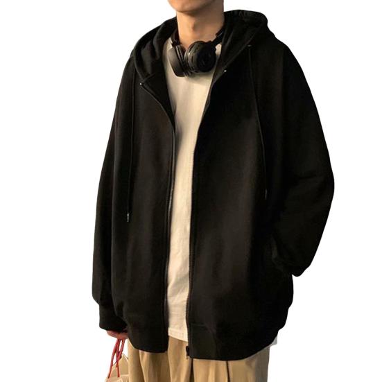 Men Hooded Jacket Zip-up Loose Sweatshirt Jacket Solid Color Casual