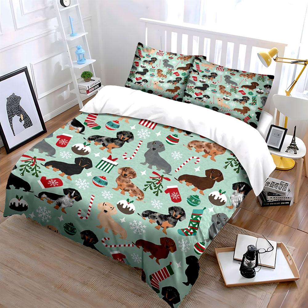 Christmas Dachshund Pattern Set Bedding Duvet Cover Set Duvet Cover Pillowcases (1*Duvet Cover 2*Pillowcases, without duvet insert)