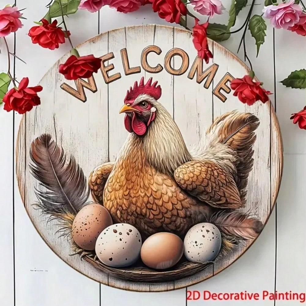 

1PC 2D Graphic Country Style Welcome Sign Rooster and Egg Pattern Home Porch Indoor Display Decor 20x20 белый
