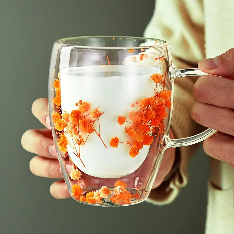 Double Layered Dried Flower Glass Cup Creative Pattern Mugs High Borosilicate Insulated Cup Kitchen Drinkware Home Accessories