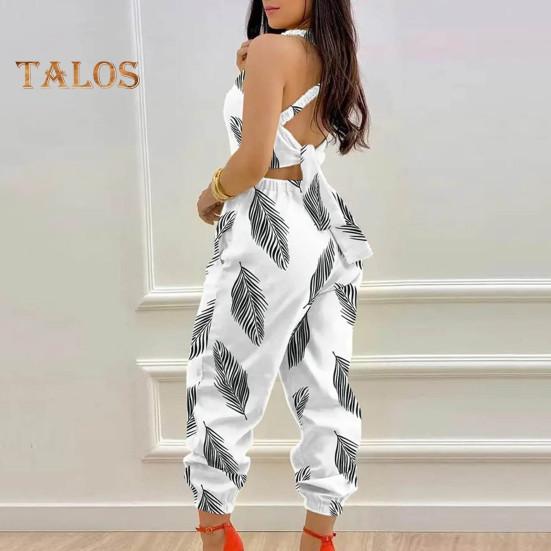 Women Jumpsuit Sleeveless Color Matching Printed Lace-up Bow Cross Back Pockets Ankle-banded Backless High Waist Lady Commute Party