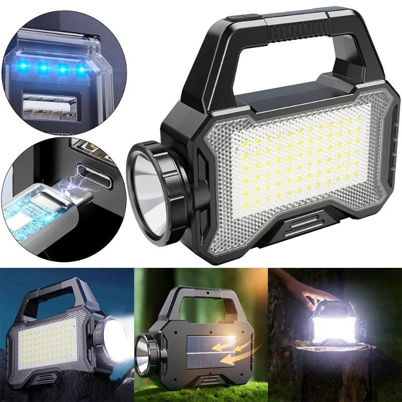 Portable Solar Lanterns Solar Powered Charging Bank Searchlight Outdoor Strong Light Flashlight Hand Lamp with COB Side Light