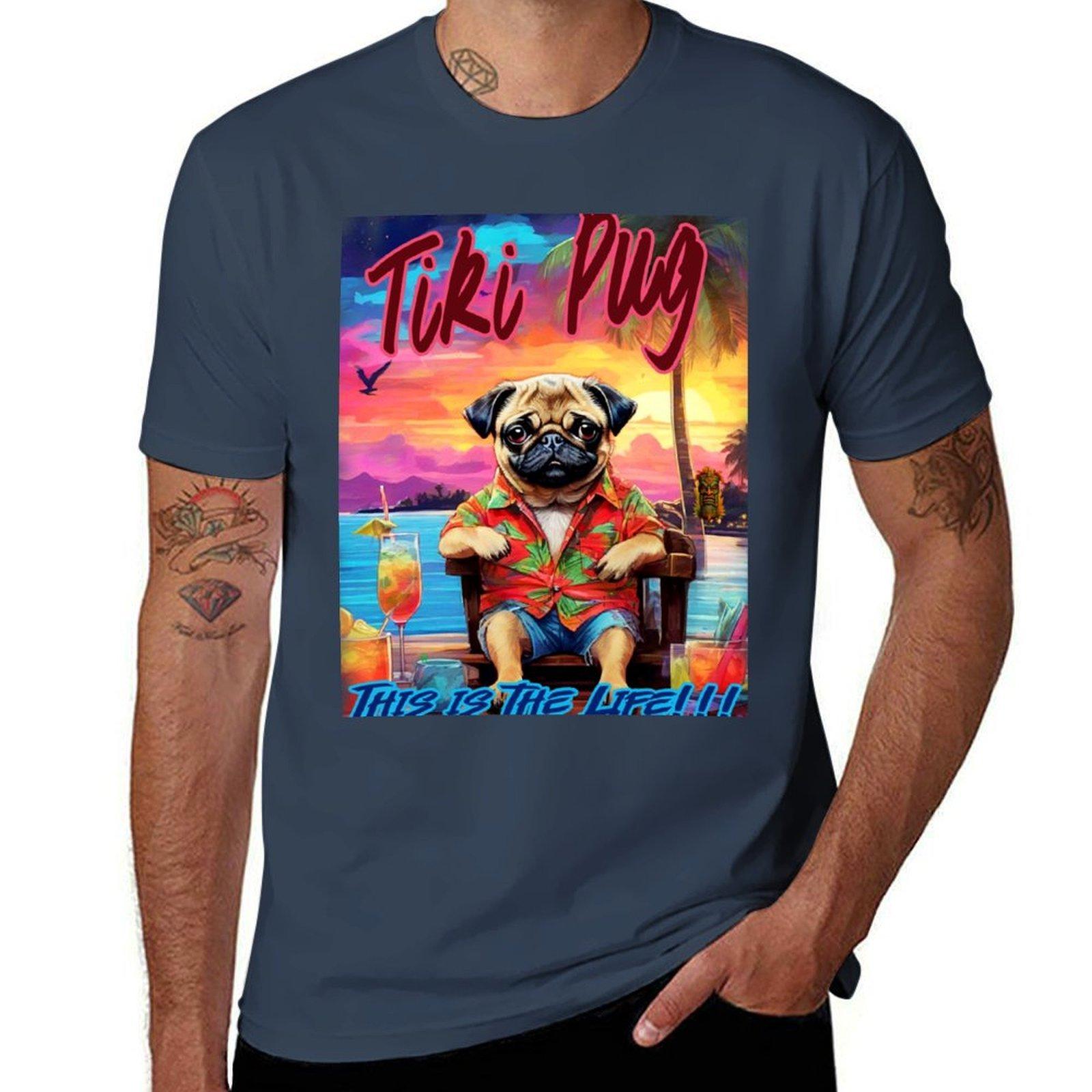 Tiki Pug Tshirt All Match Basic Short Sleeve Top S