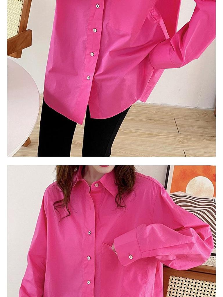 Rose Red Cotton Long-Sleeve Women's Shirt: Loose Fit, Slimming, Fashionable, Skin-Brightening - 2026 Spring Collection, Perfect for Commuting.