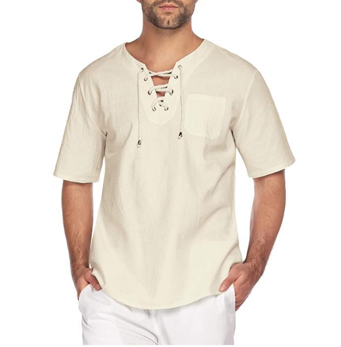 Men's Summer Comfortable Short Sleeve Linen T-Shirt Fashion Casual Solid Loose Fit Lace Up Top