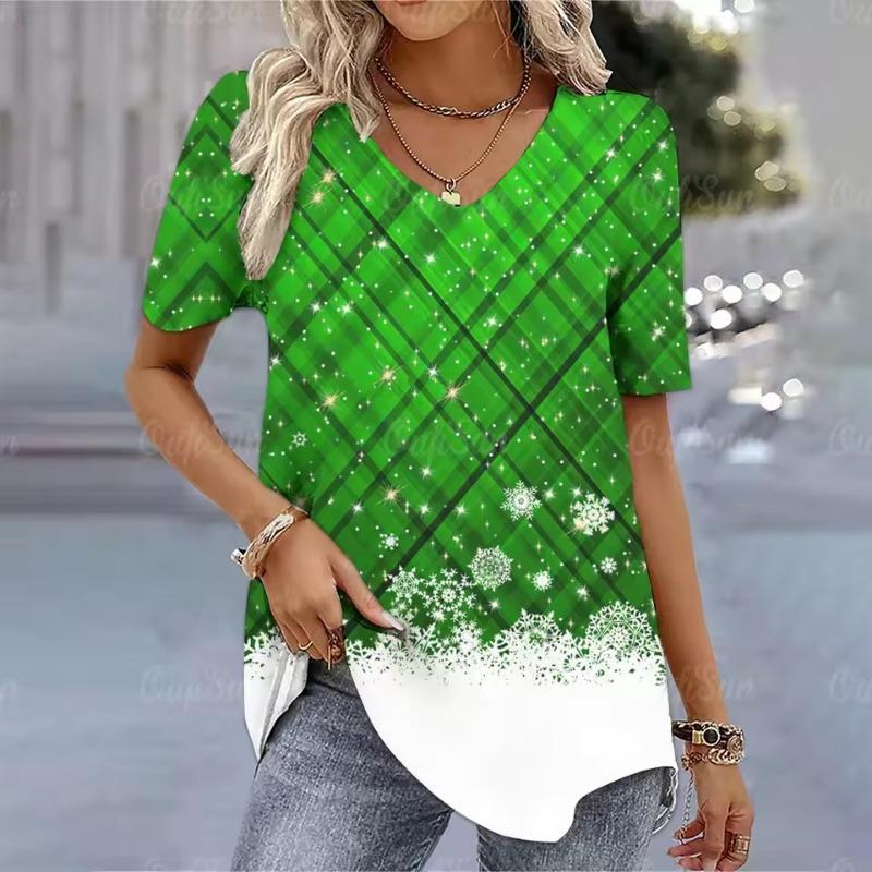 

Женские футболки с 3D-принтом на рождественскую тематику, футболки с коротким рукавом, счастливые, смешные, модные, женская одежда, пуловеры с V-образным вырезом, оверсайз XS