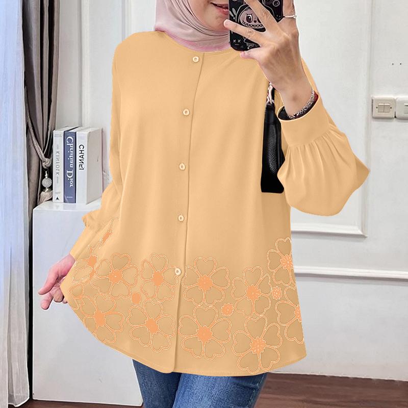 

ZANZEA Женская повседневная свободная мусульманская блузка с круглым вырезом и длинным рукавом XL бежевый