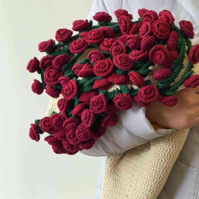 DIY Knitted Rose Flower Blanket Lovely Floral Throw Perfectly for Living Room Bedroom Decoration and Mother's Day Gift