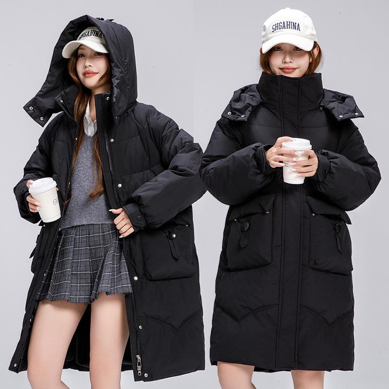 2025 winter new mid-length down padded jacket large size loose Korean over-the-knee padded jacket women's detachable hat