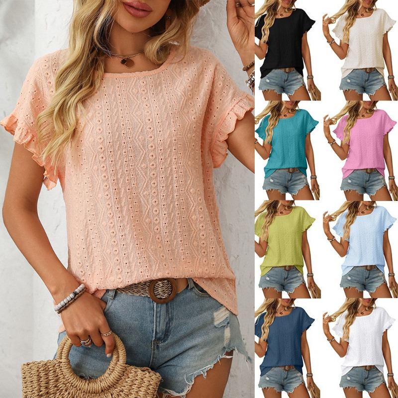Women's Spring Summer Solid Color Round Neck Sweet Short Sleeved T-shirt Hollowed Out Top Shirt