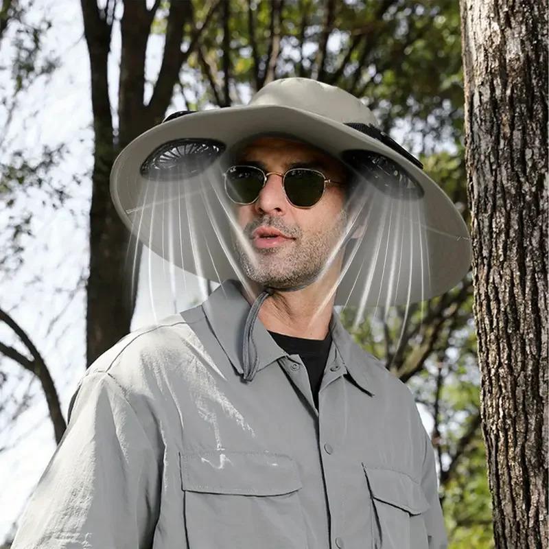 Outdoor Summer Sun Hat With 2 Fan Large Brim Windproof Strap Solar Or USB Charging Anti UV Sun Fishing Cap