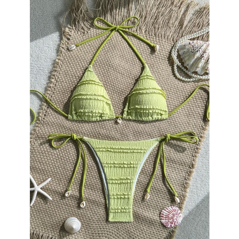 Solid Color Women Halter Three Piece Bikini Swimwear For Beach Swimming