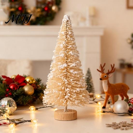 Small Pine Tree for Decor Mini Christmas Bottle Brush Tree, Artificial Miniature Tiny Sisal with Festive Party Ornament Wooden Base, Winter Snow Frost