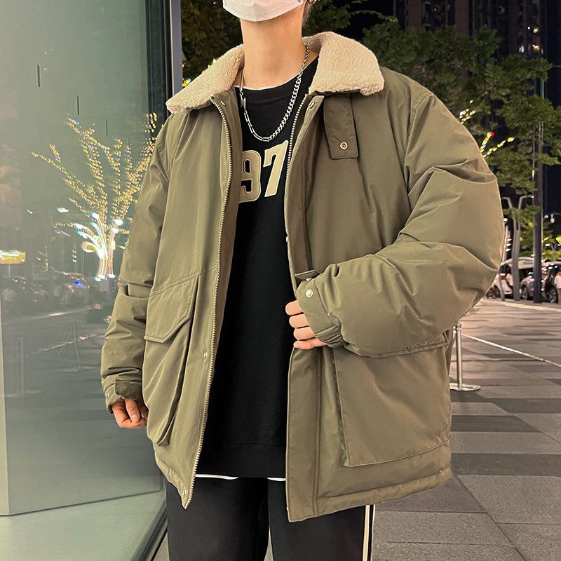 

Чоловічий зимовий пуховик з шерстяним коміром з лацканами однотонний теплий і легкий 3XL армія зелений колір