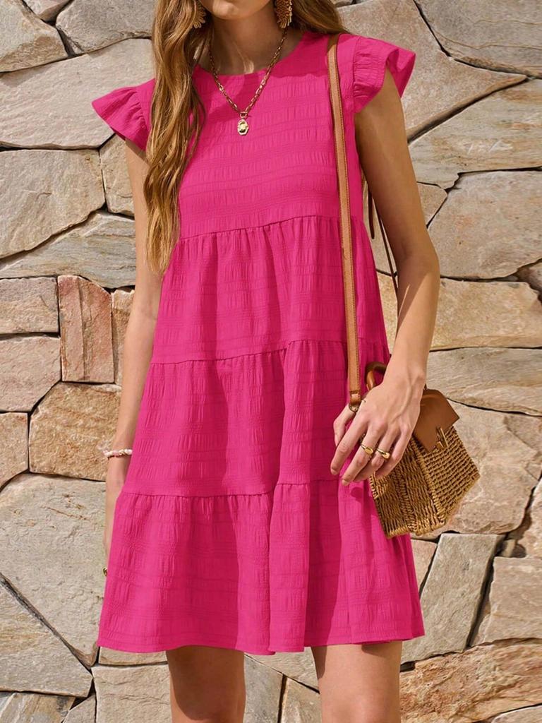 Womens Ruffle Sleeve Mini Dress Loose Fit Babydoll Summer Beach Sundress