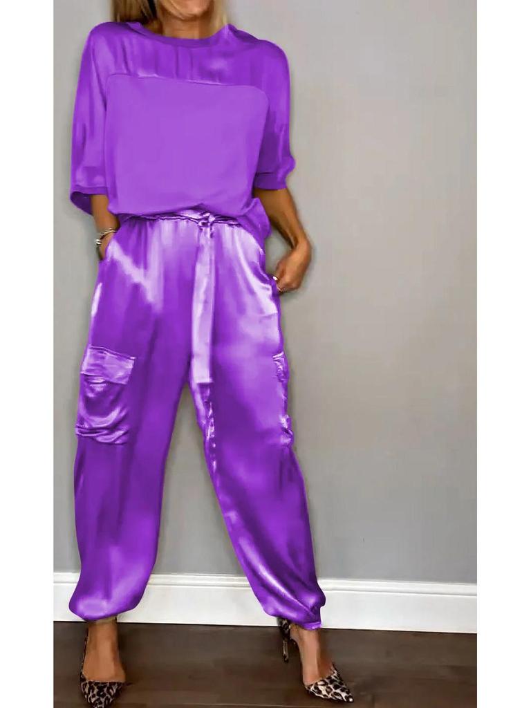 2024 European & American Women's Satin Half-Sleeve Top and Pants Set