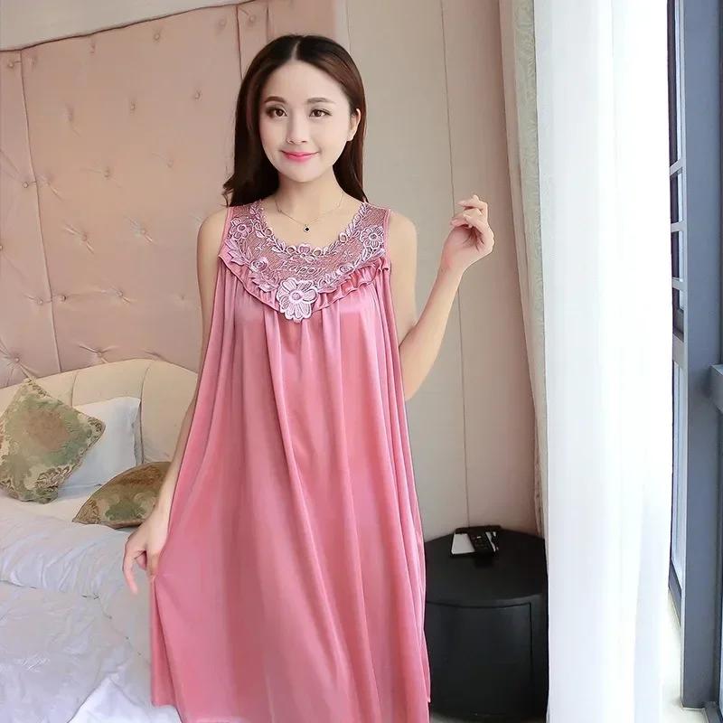 Summer Imitation Silk Nightgowns Women Sexy Sleepwear Nightwear Female Spaghetti Strap Underwear Lace Breathable Homewear