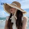 Straw Hat Lace Trim Tied Up Round Dome Sun Women Big Brim Floppy Fashion Accessories
