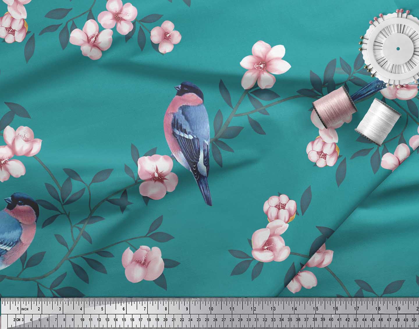 

Принти на тканині Soimoi Purple Poly Crepe Blossom & Robin Bird Тканина розміром 42 дюйми 42 Inch Wide - Poly Crepe зелений